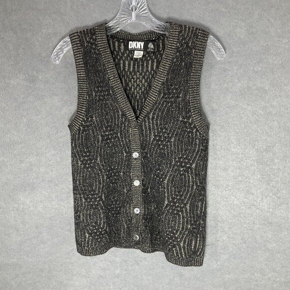 DKNY Jeans Pure Wool Knit Sweater Sz S Button Up Vest Grandma Cottagecore Vtg‎ - Picture 1 of 6
